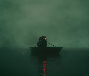 Превью обои солдат, противогаз, лодка, туман, зеленый