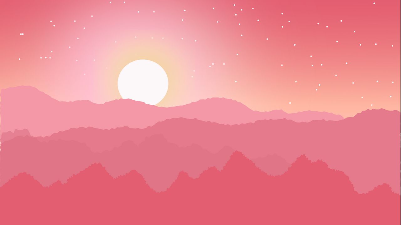 Обои солнце, горы, горизонт, звезды, розовый, вектор