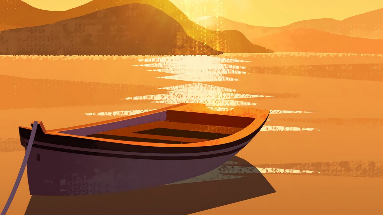 Обои солнце, лодка, горы, арт