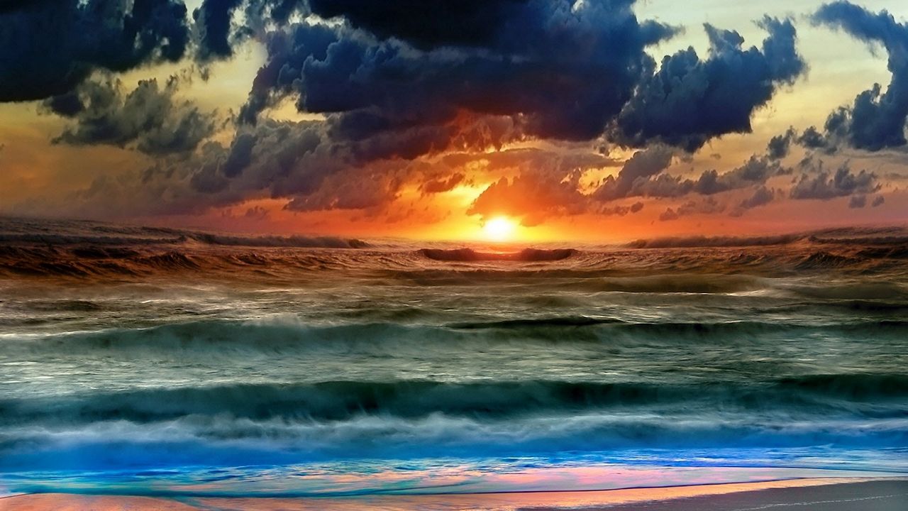 Обои солнце, вода, море, небо, закат, волны, облака, цвета