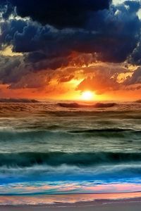 Превью обои солнце, вода, море, небо, закат, волны, облака, цвета