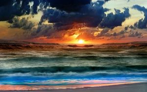 Превью обои солнце, вода, море, небо, закат, волны, облака, цвета