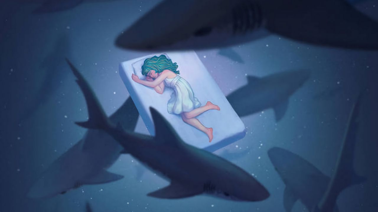 Обои сон, подводный мир, акулы, девушка, арт