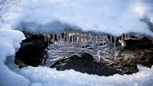 Превью обои сосульки, лед, камни, вода