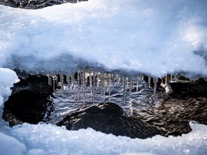 Превью обои сосульки, лед, камни, вода