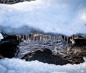 Превью обои сосульки, лед, камни, вода