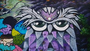 Превью обои сова, граффити, арт, стена, уличное искусство