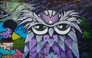 Превью обои сова, граффити, арт, стена, уличное искусство