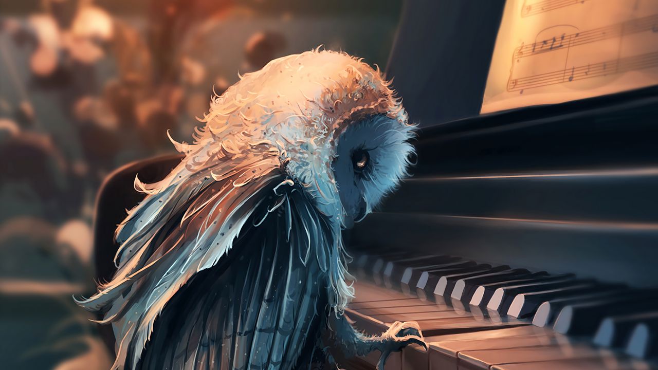 Обои сова, пианино, арт, ноты, музыка