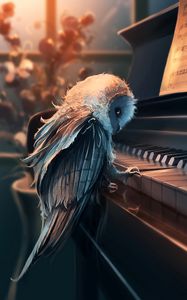 Превью обои сова, пианино, арт, ноты, музыка