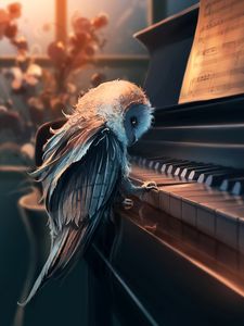Превью обои сова, пианино, арт, ноты, музыка