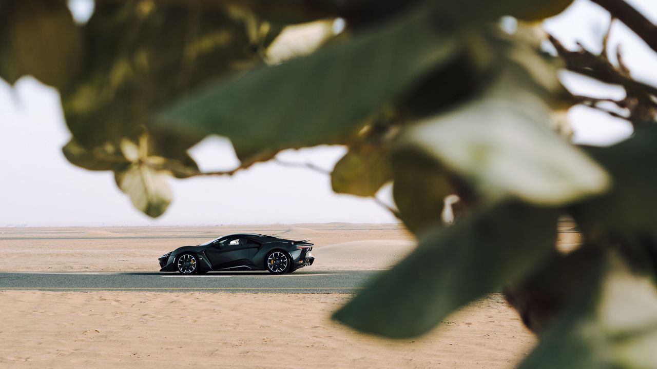 Обои спорткар, автомобиль, песок, ветки, листья