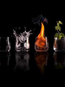Превью обои стаканы, огонь, вода, растения