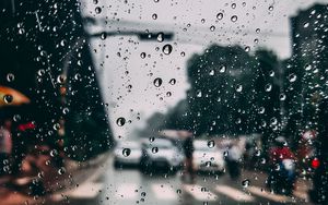 Превью обои стекло, капли, дождь, влага, размытость, город