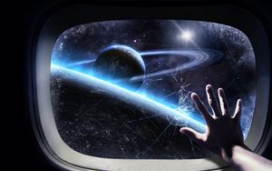 Превью обои стекло, корабль, рука, космос, планета, орбита