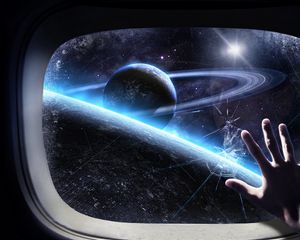 Превью обои стекло, корабль, рука, космос, планета, орбита