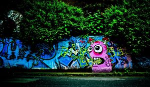 Превью обои стена, граффити, разноцветный, деревья
