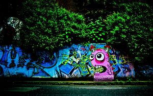 Превью обои стена, граффити, разноцветный, деревья