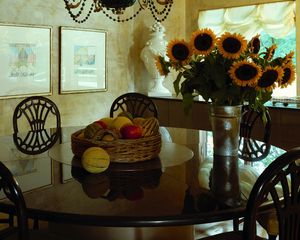 Превью обои стол, натюрморт, фрукты, имитация, цветы, букет, подсолнухи