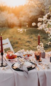 Превью обои стол, посуда, сервировка, праздничный, украшение, цветы, романтика
