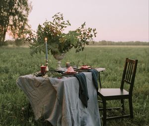 Превью обои стол, стул, лужайка, природа, романтика
