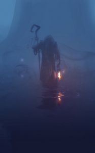 Превью обои странник, туман, мантия, темный, мрачный, лампа