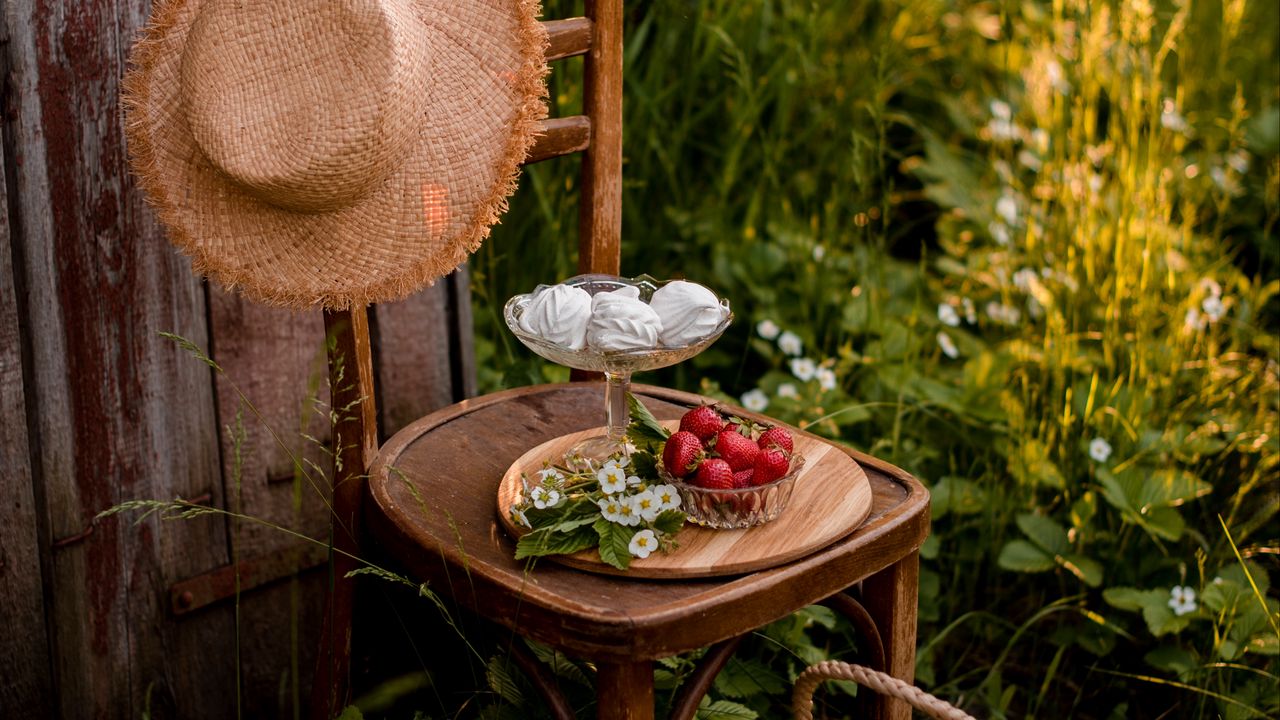 Обои стул, ягоды, зефир, десерт, пикник, природа