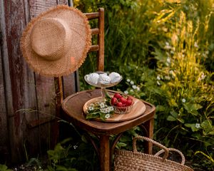 Превью обои стул, ягоды, зефир, десерт, пикник, природа