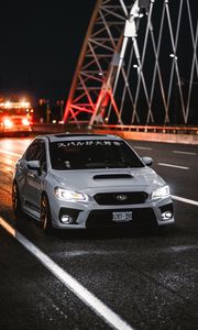 Превью обои subaru wrx, subaru, автомобиль, спорткар, вид спереди, дорога, иероглифы