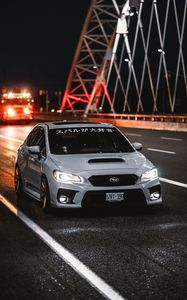 Превью обои subaru wrx, subaru, автомобиль, спорткар, вид спереди, дорога, иероглифы