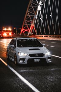 Превью обои subaru wrx, subaru, автомобиль, спорткар, вид спереди, дорога, иероглифы