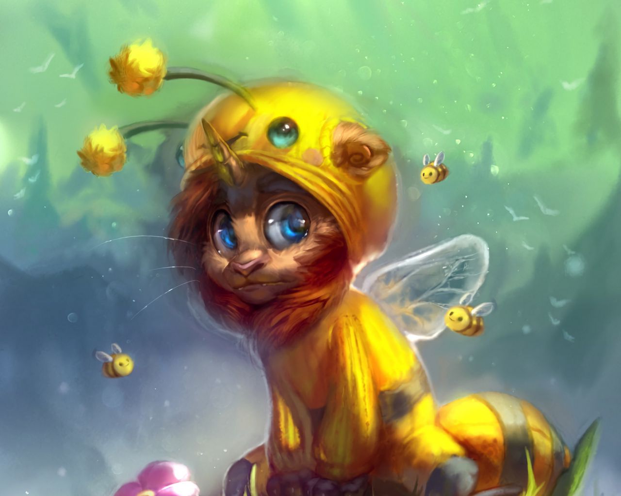 1280x1024 Обои существо, костюм, пчела, цветы, арт