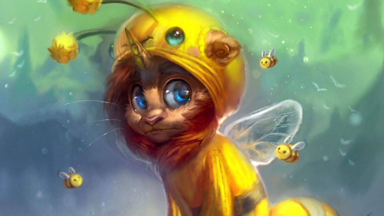 1280x720 Обои существо, костюм, пчела, цветы, арт