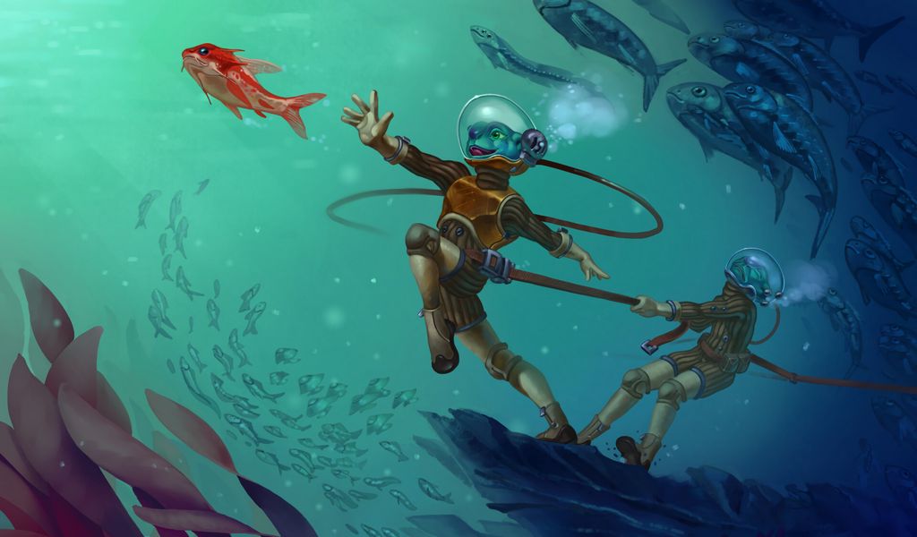 1024x600 Обои существо, подводный мир, акваланг, арт