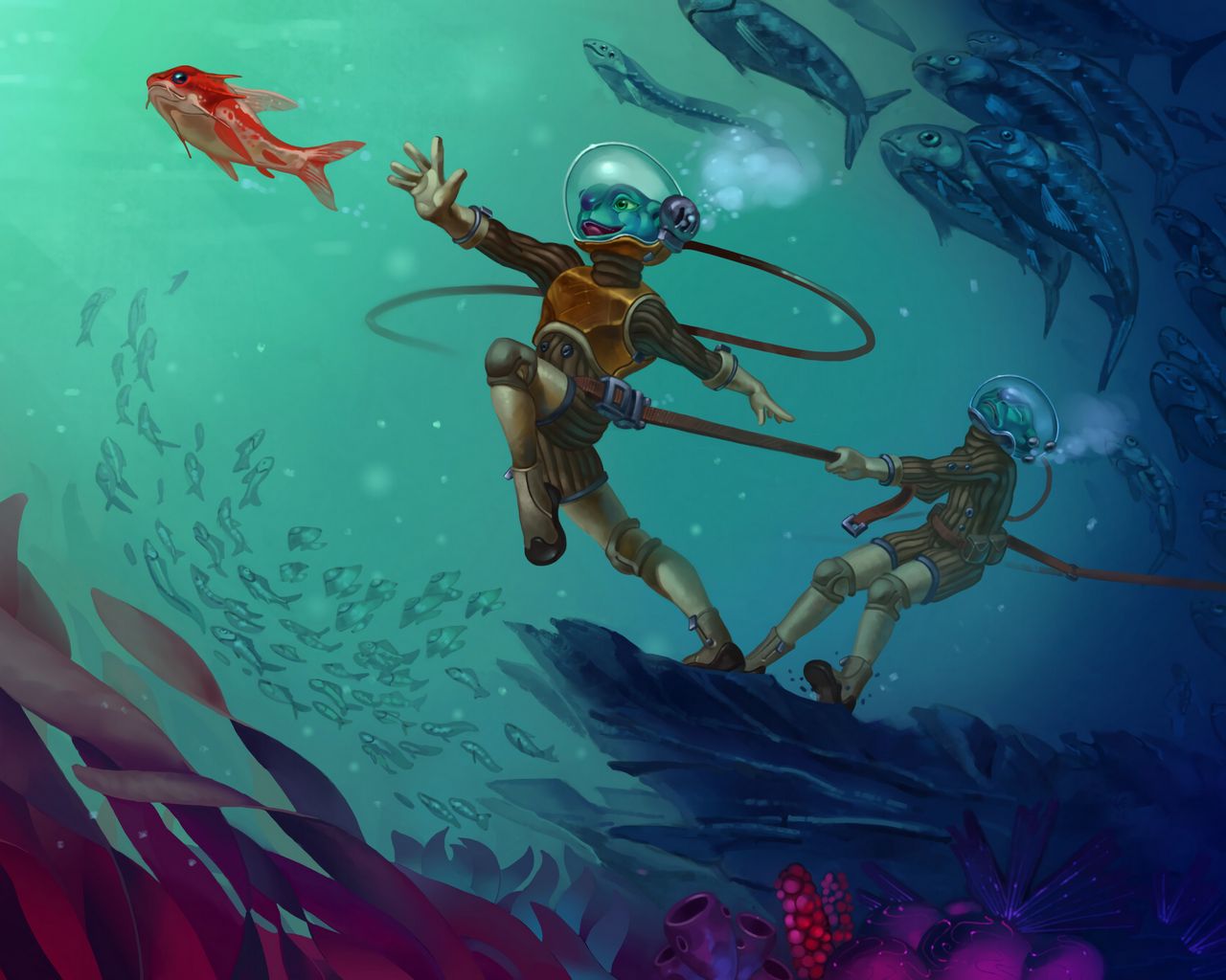 1280x1024 Обои существо, подводный мир, акваланг, арт