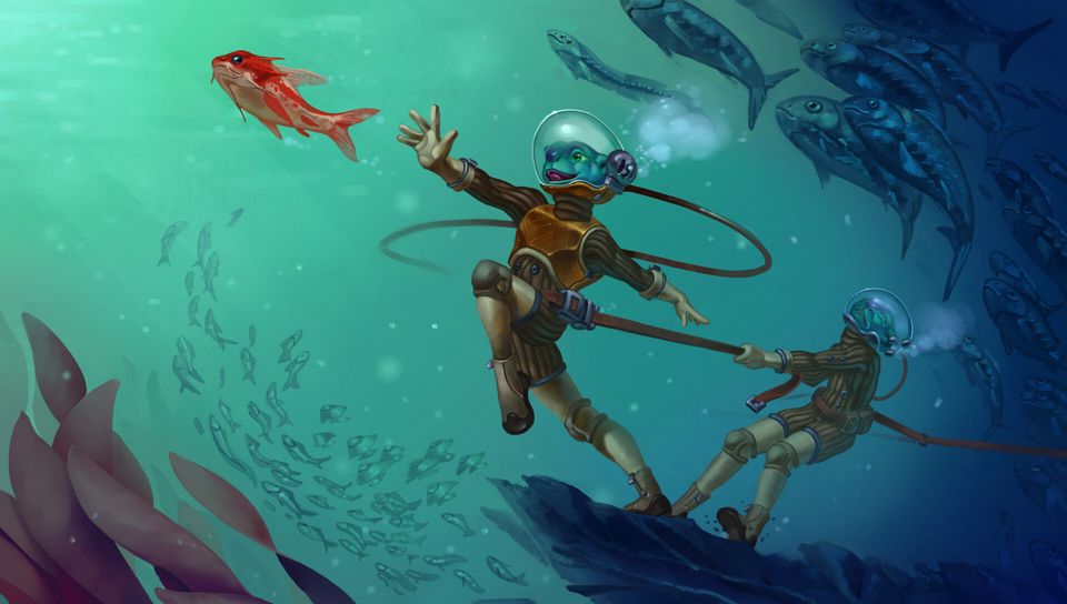 960x544 Обои существо, подводный мир, акваланг, арт