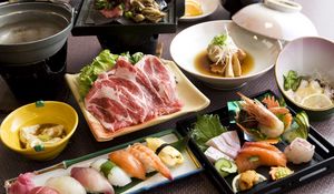 Превью обои суши, мясо, морепродукты, рыба, китайская кухня