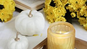 Превью обои свеча, книга, осень, цветы