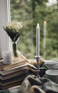 Превью обои свеча, окно, букет, дождь, книги, плед, чашка