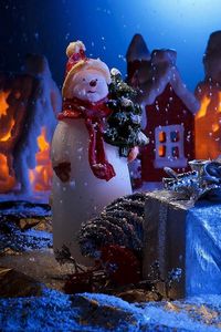 Превью обои свеча, снеговик, подарок, дома, праздник, новый год, рождество