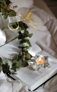 Превью обои свеча, ветка, книга
