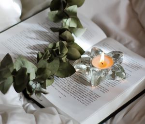 Превью обои свеча, ветка, книга