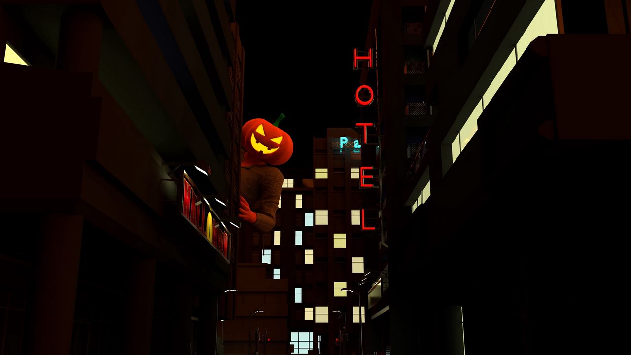 Обои светильник джека, хэллоуин, ночной город, выглядывать, темный