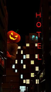 Превью обои светильник джека, хэллоуин, ночной город, выглядывать, темный