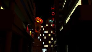 Превью обои светильник джека, хэллоуин, ночной город, выглядывать, темный