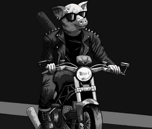 Превью обои свин, очки, байкер, мотоцикл, арт, черно-белый