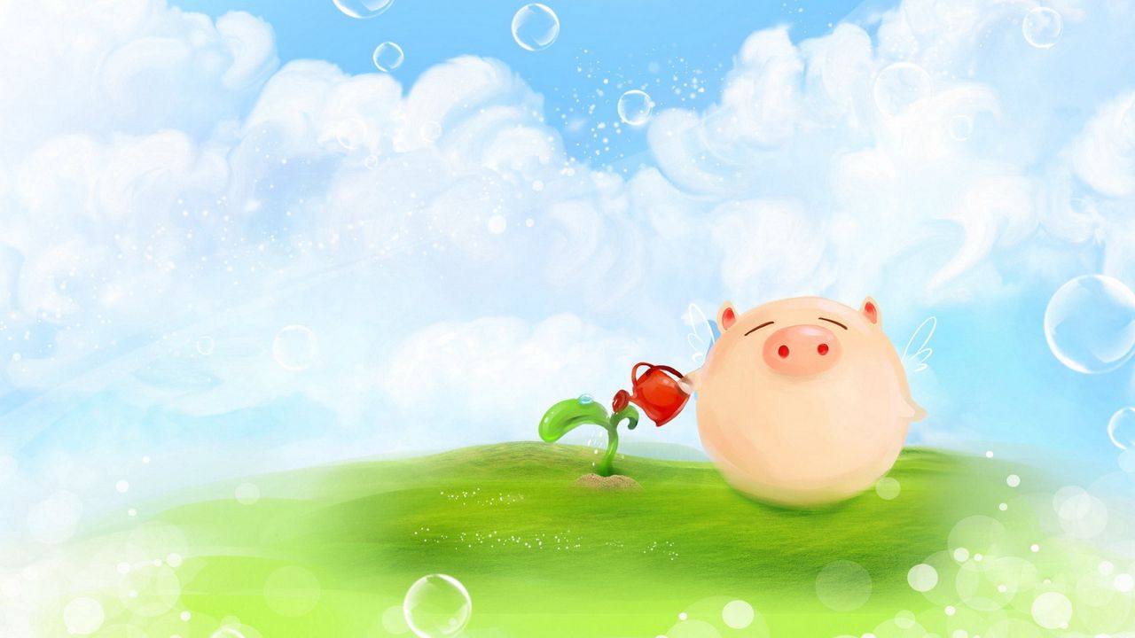 Обои свинья, трава, облака, лейка, росток, поляна
