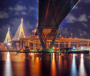 Превью обои таиланд, бангкок, мост, ночь, огни, фонари, подсветка, река, отражение, hdr