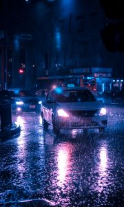 Превью обои такси, автомобиль, дождь, ночной город, улица