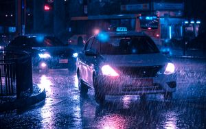 Превью обои такси, автомобиль, дождь, ночной город, улица